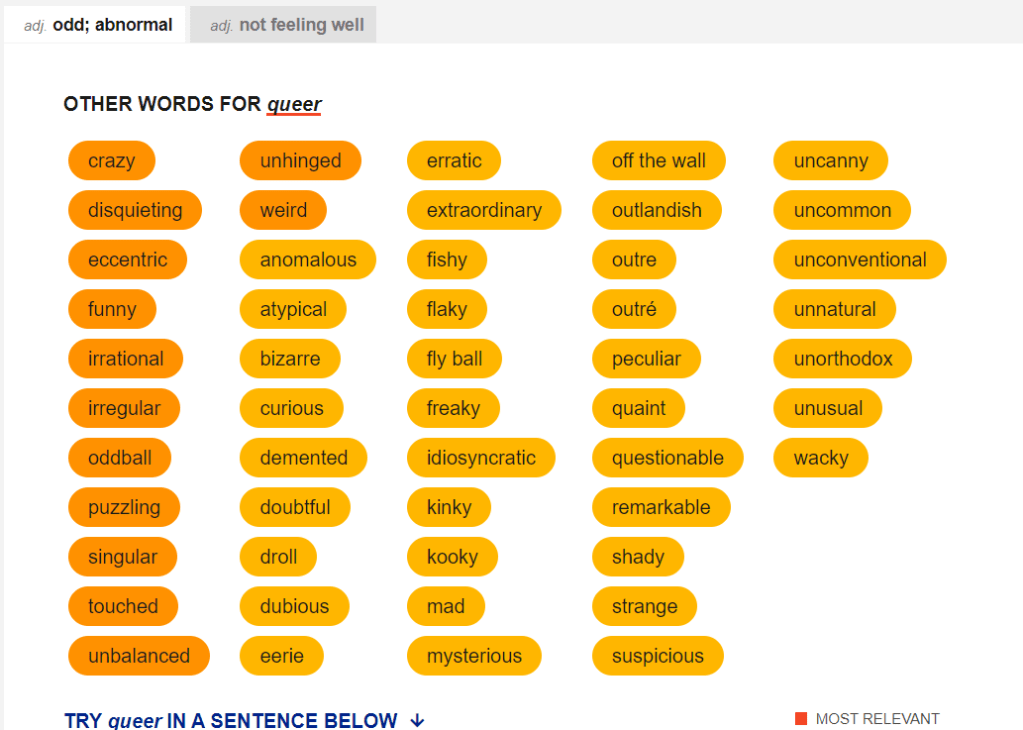 A listing of other words for queer. Among the adjectives are words like: crazy, disquieting, eccentric, funny, oddball, pussling, touched, unhinged, atypical, demented, droll, extraordinary, freaky, kinky, remarkable, strange, uncommon, unnatural, and unusal.