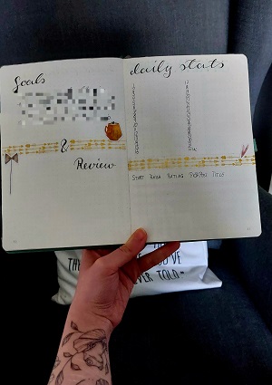 A two page-spread showing blurred goals and a space to review on the left side as well as daily reading stats and an overview for read books on the right side.